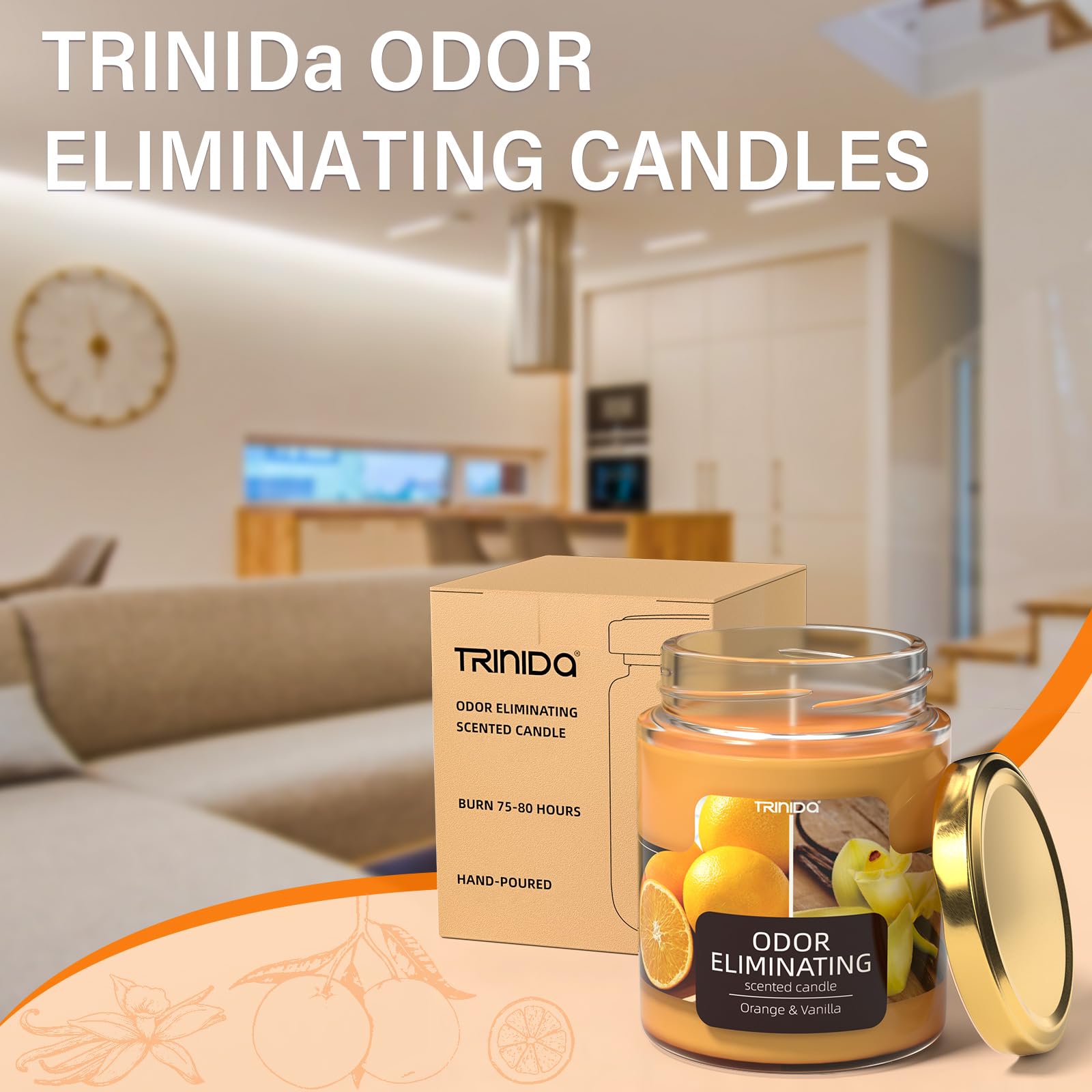 TRINIDa Orange & Vanilla candle burn 55h demonstrates long-lasting fragrance and odor control