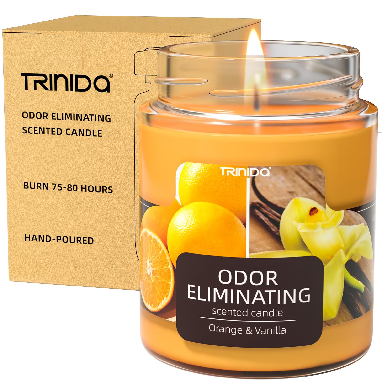 TRINIDa Orange & Vanilla candle front view shows powerful odor elimination for a fresher room