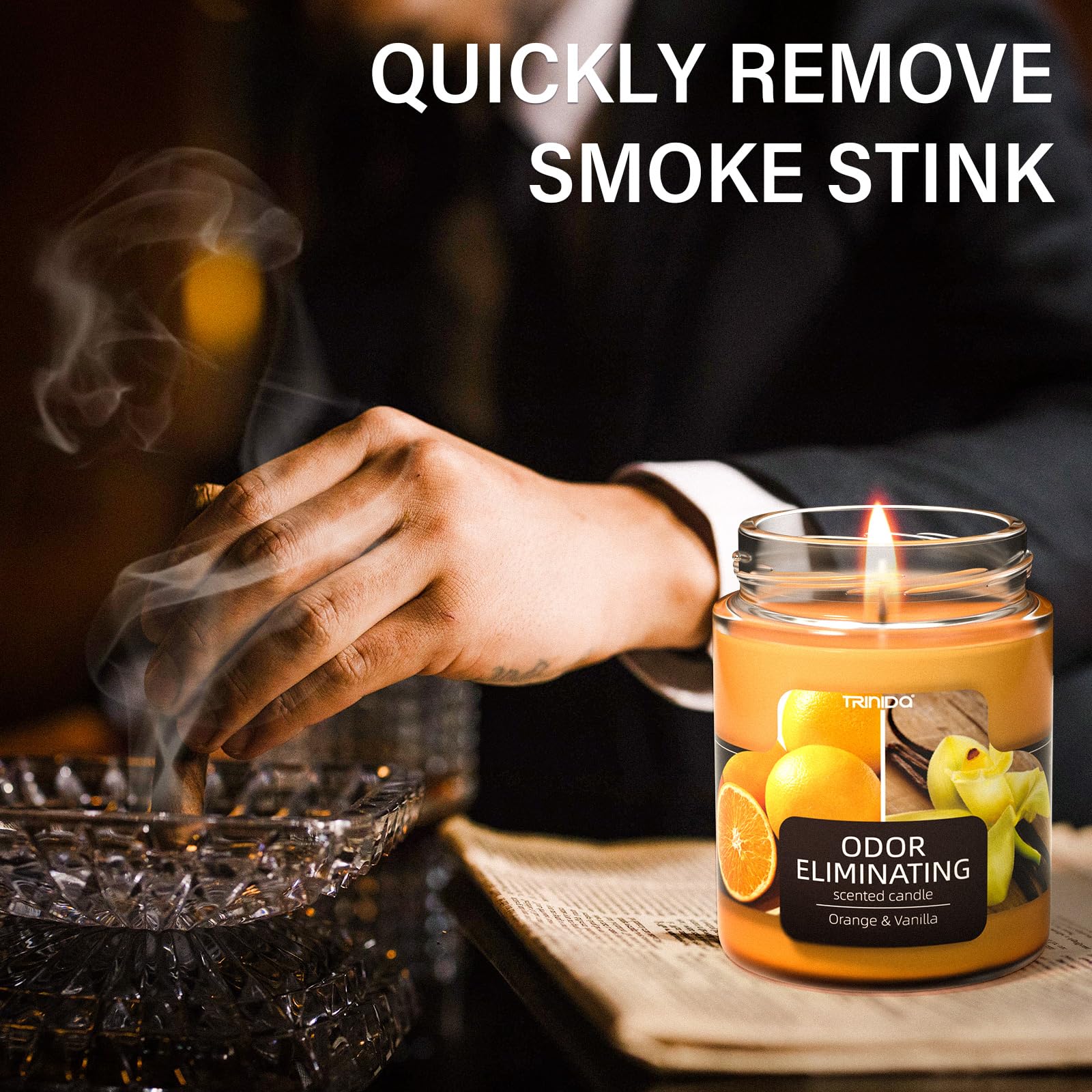 TRINIDa ForeSTALL technology image references odor-elimination science behind the candles' performance