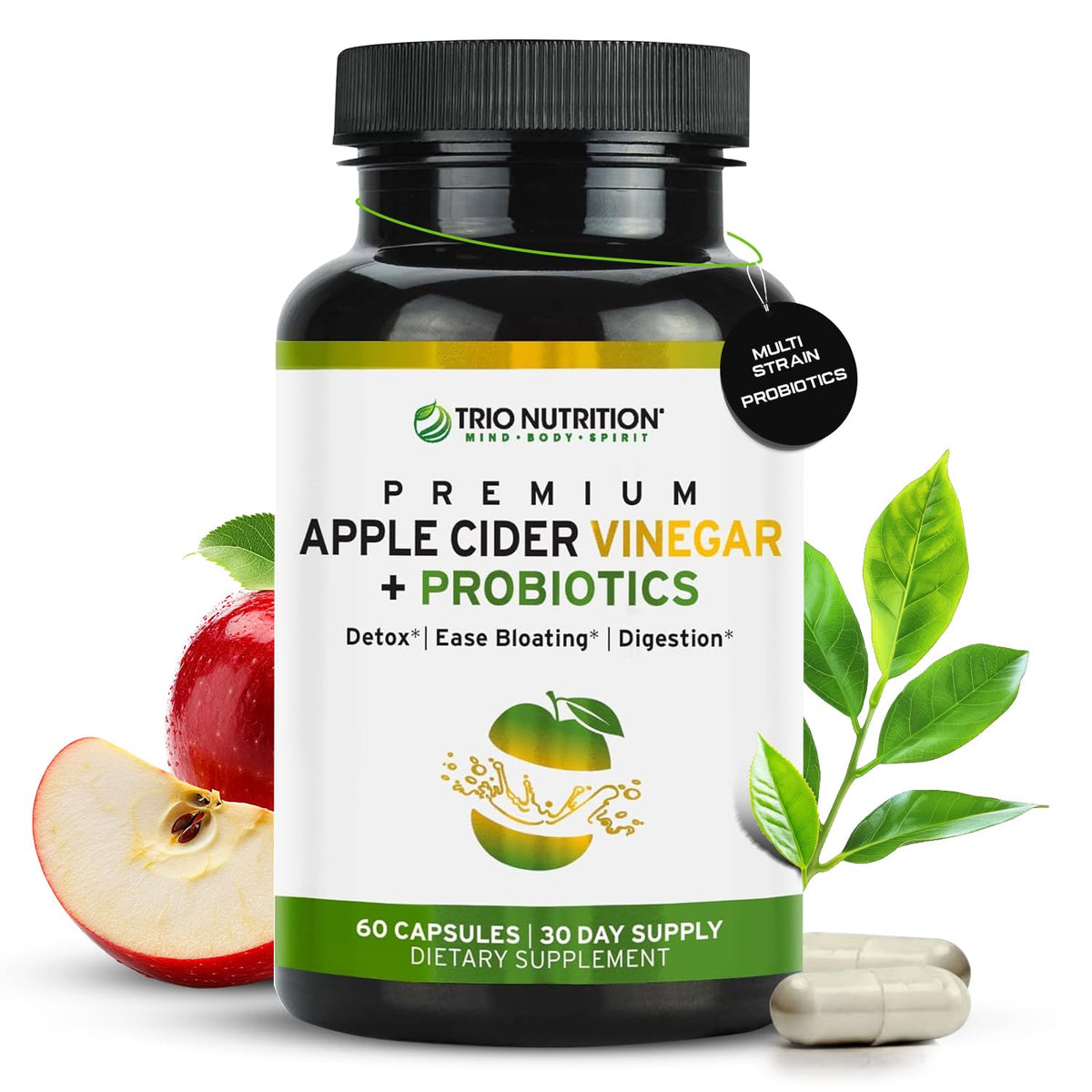 TRIO NUTRITION apple cider vinegar capsules bottle for easy daily gut support.