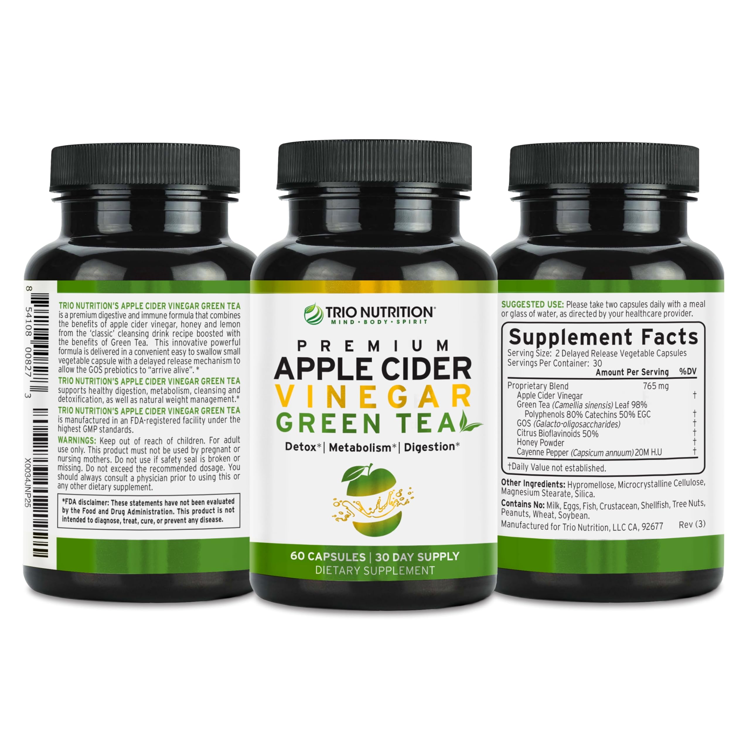 Full packaging of TRIO NUTRITION apple cider vinegar green tea capsules delivering detox potential