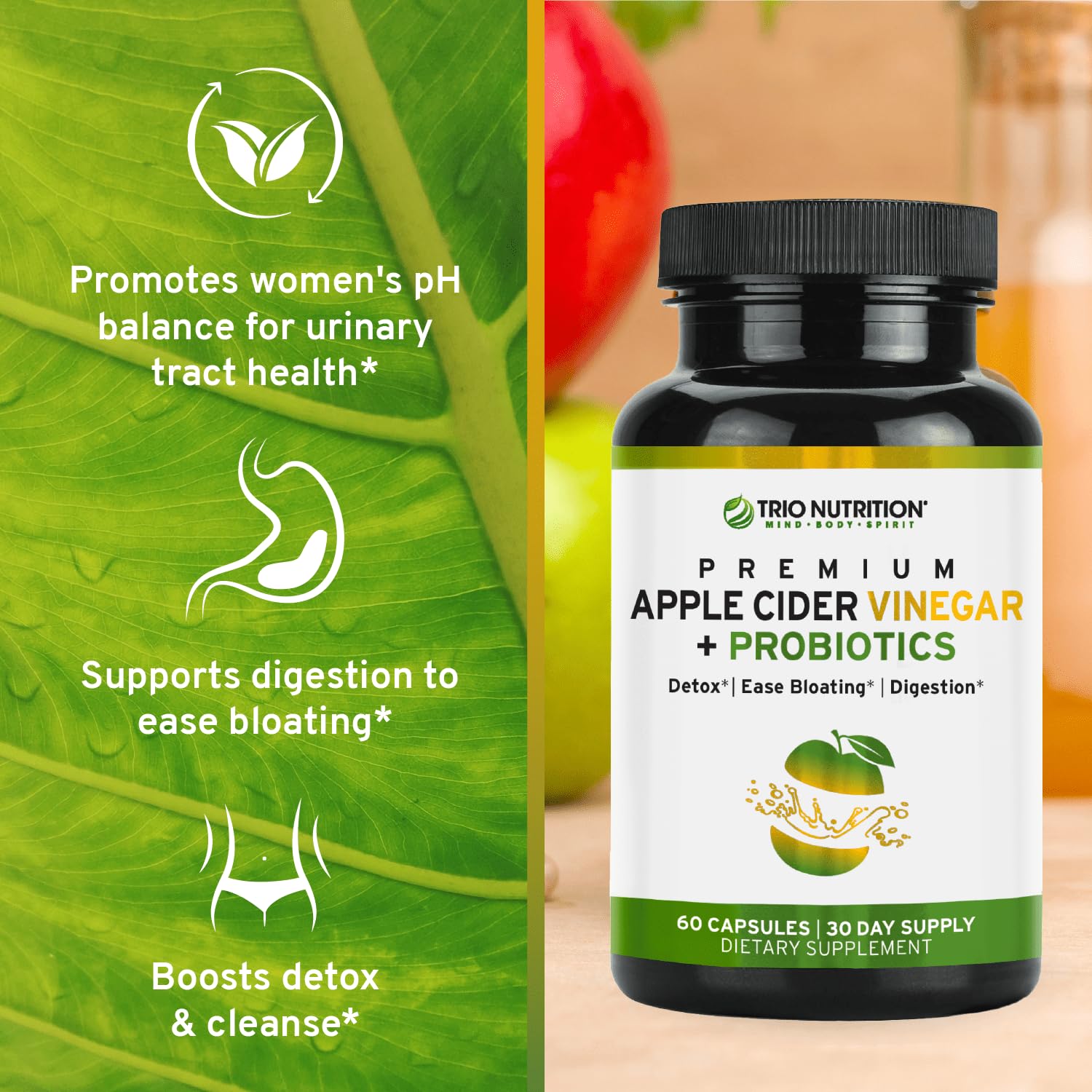 TRIO NUTRITION bottle with glass of water suggesting convenient daily use.
