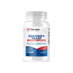TRIOMEDICA Brewers Yeast seven-and-a-half grains bottle side view shows 1000 mg serving and energy support