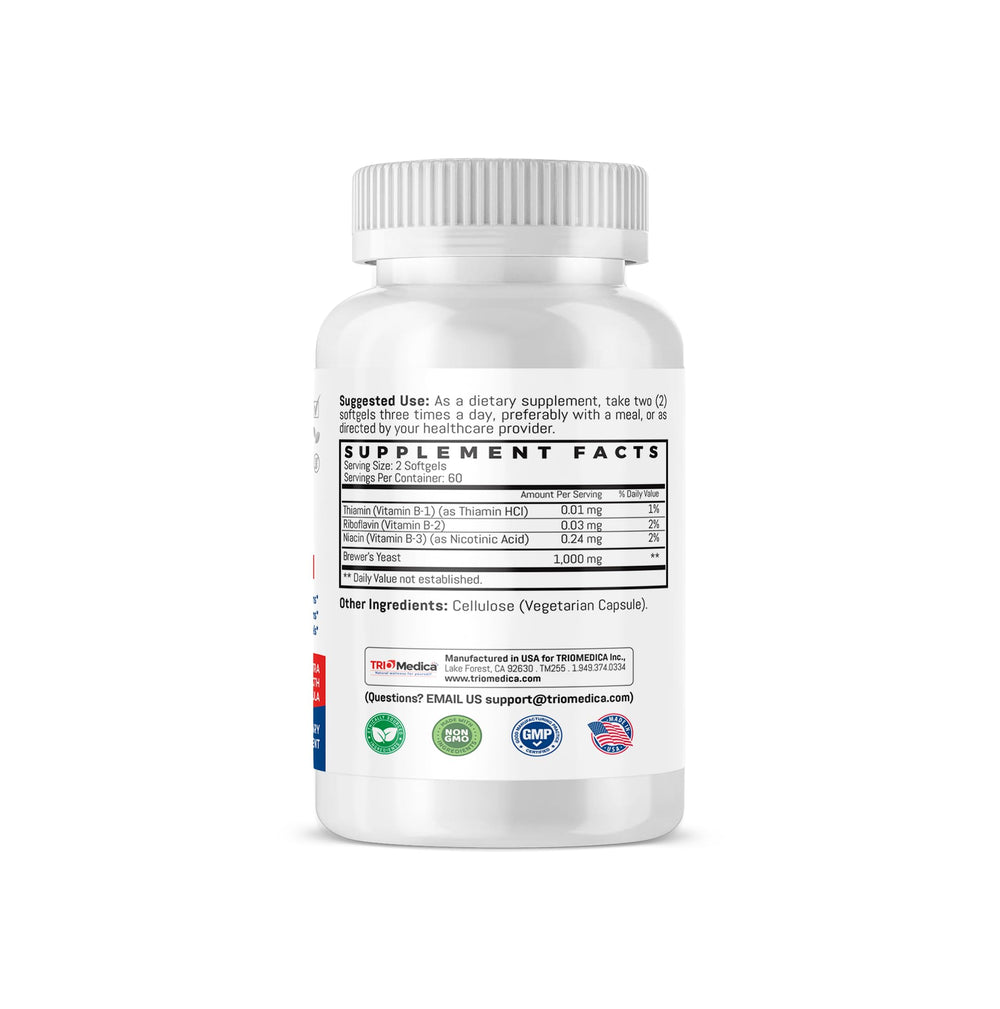 TRIOMEDICA Brewers Yeast seven-and-a-half grains gluten-free and dairy-free attributes on packaging