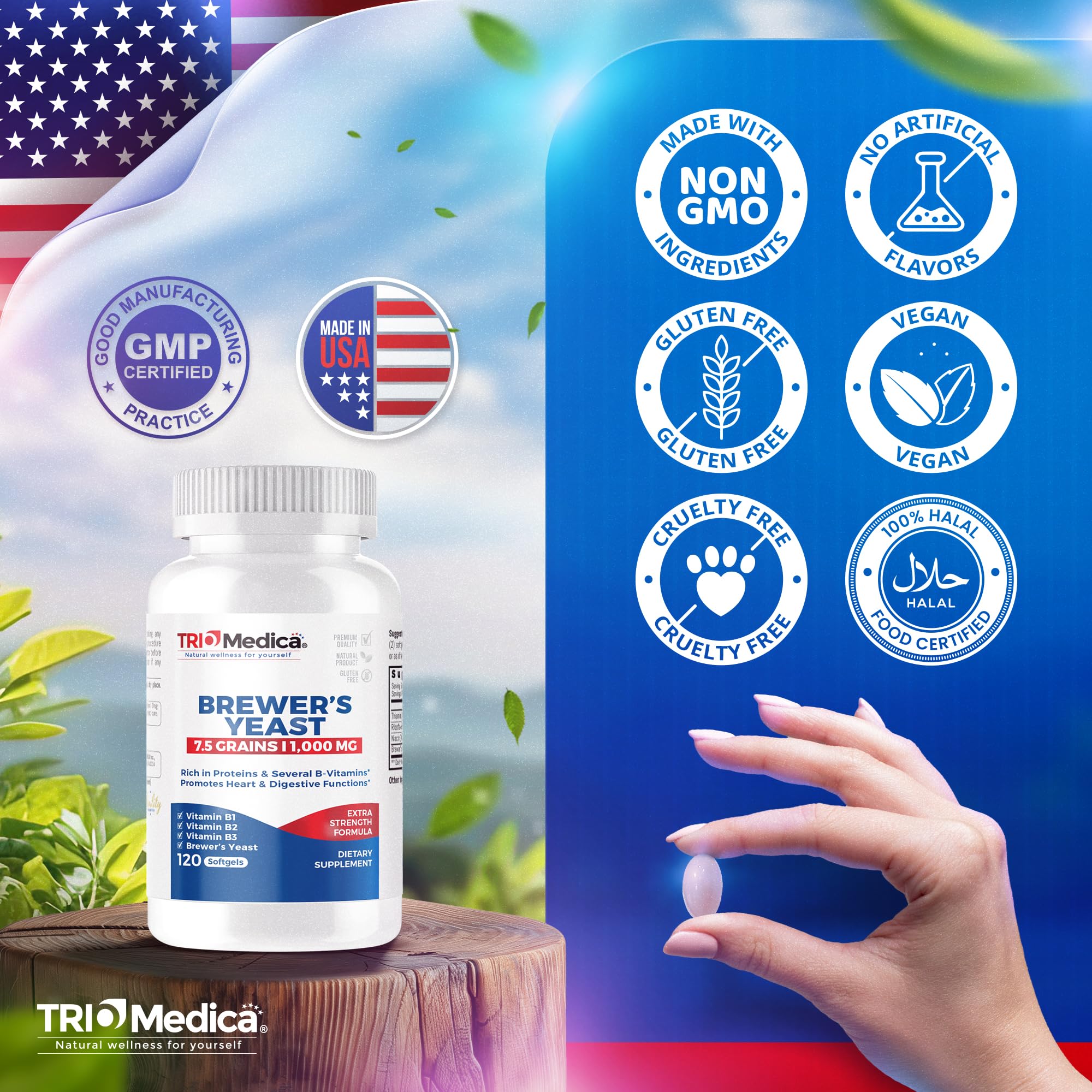TRIOMEDICA Brewers Yeast seven-and-a-half grains softgels close-up highlights B vitamins