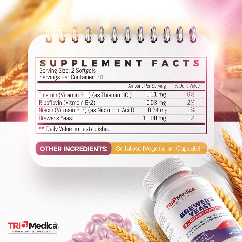 TRIOMEDICA Brewers Yeast seven-and-a-half grains vitamin B1-B2-B3 panel suggests daily wellness