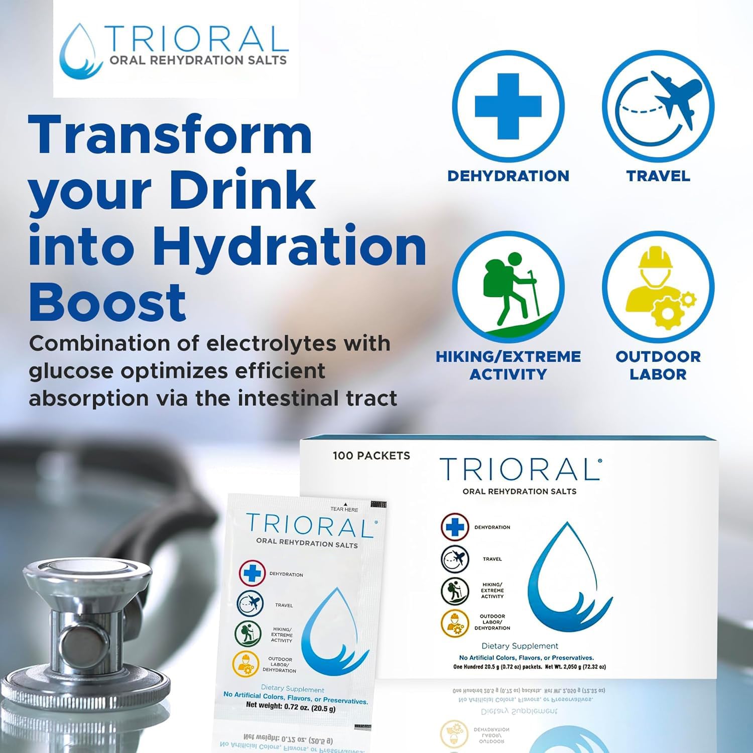 TRIORAL rehydration box displayed in a sport setting