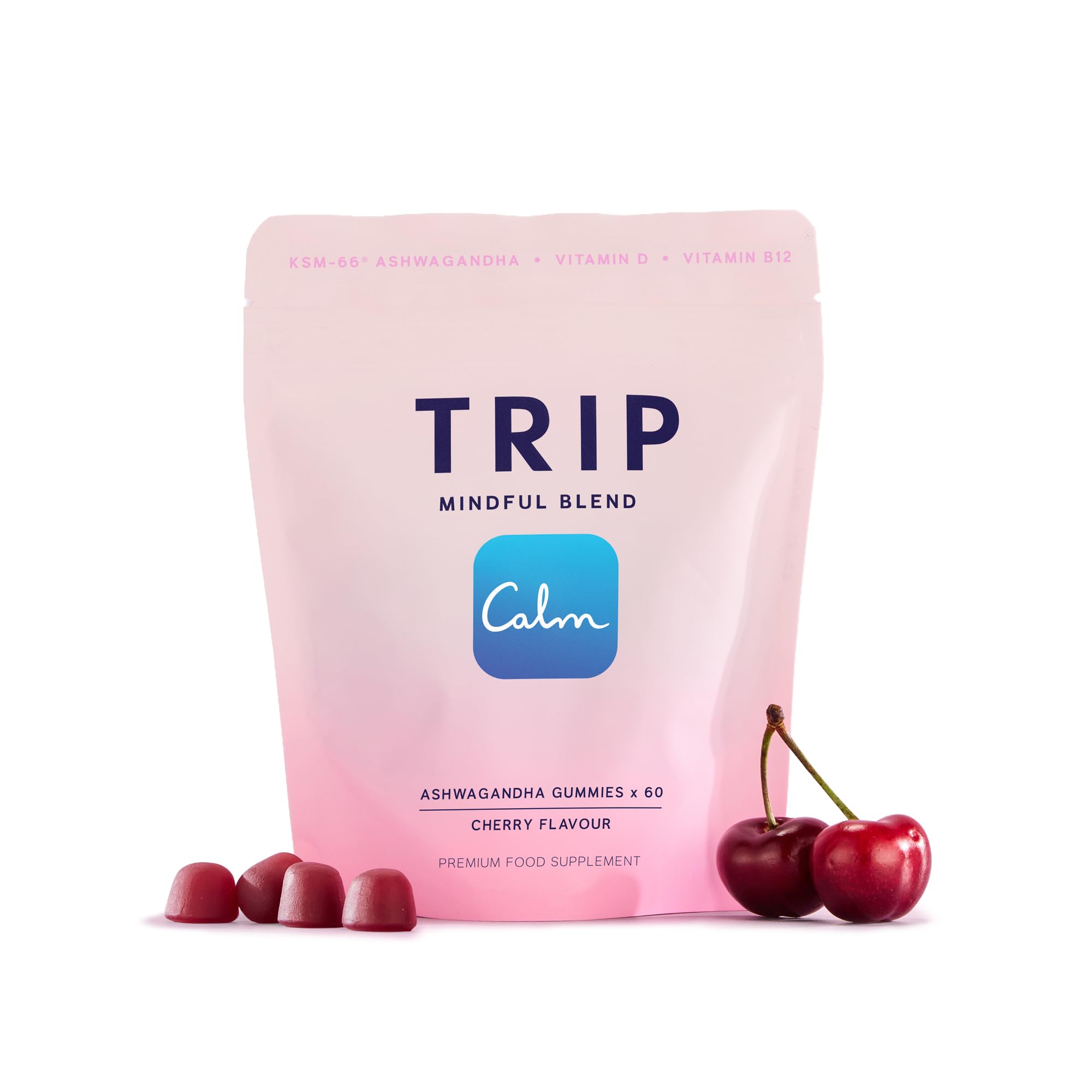 TRIP Ashwagandha Gummies jar with juicy cherry flavor for daily balance