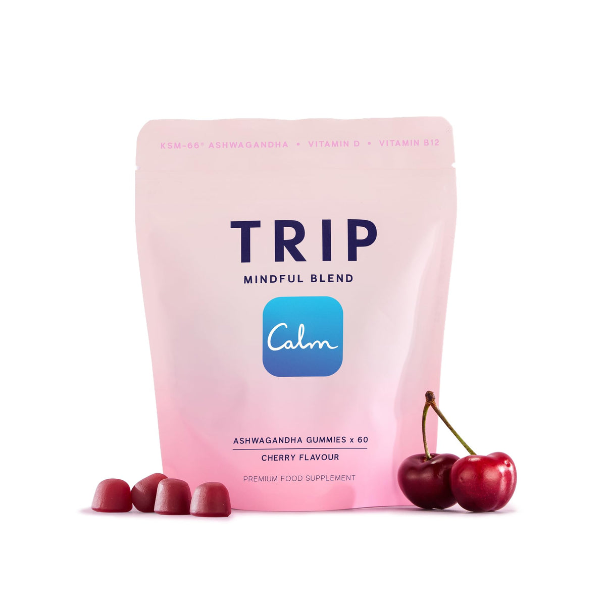 TRIP Ashwagandha Gummies jar with juicy cherry flavor for daily balance