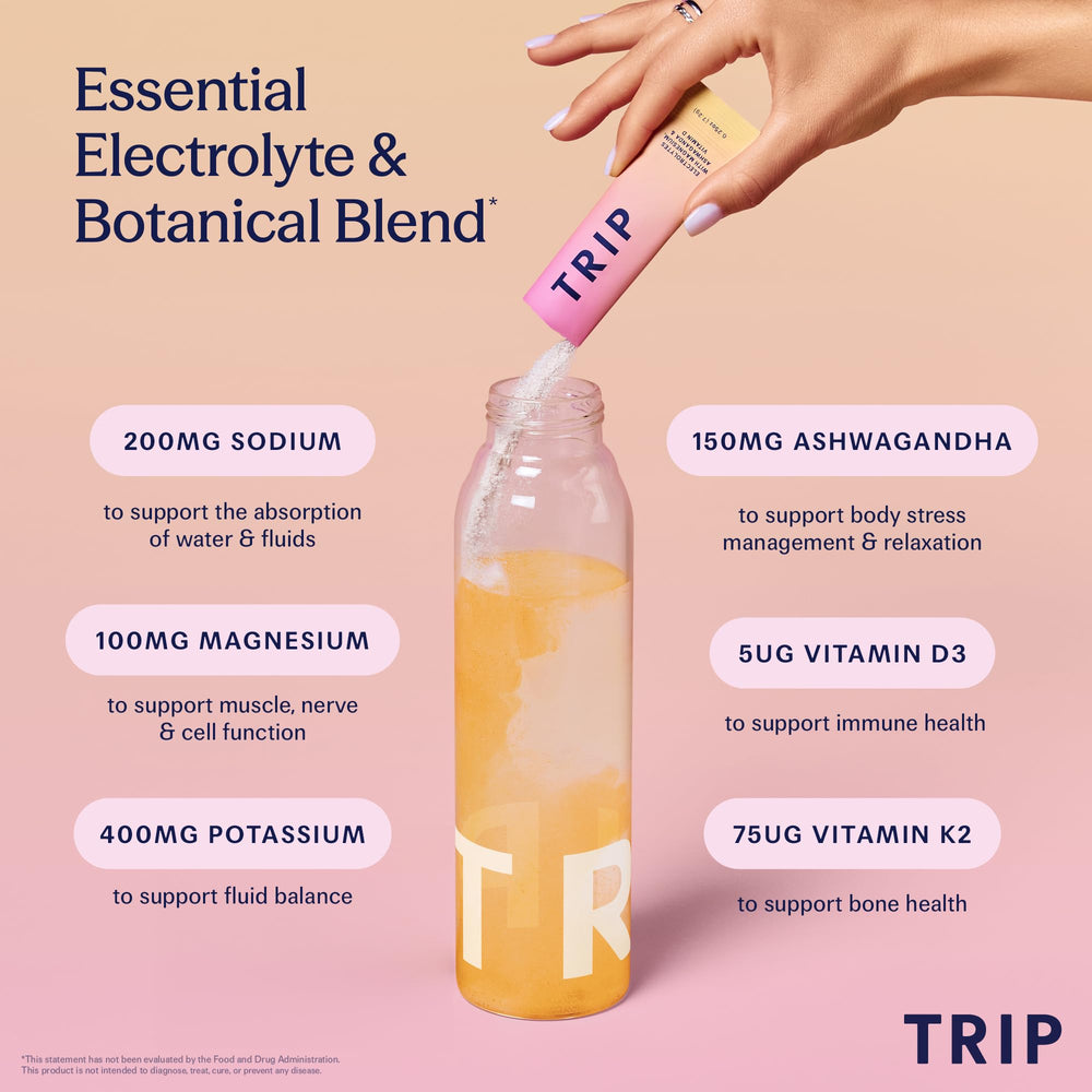 TRIP Electrolyte Peach Yuzu being added to a glass of water
