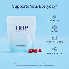 Raspberry-flavored TRIP gummy with 2000mg per serving in travel packaging.