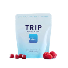 TRIP Lion's Mane Raspberry Gummies in a portable pouch for on-the-go use.