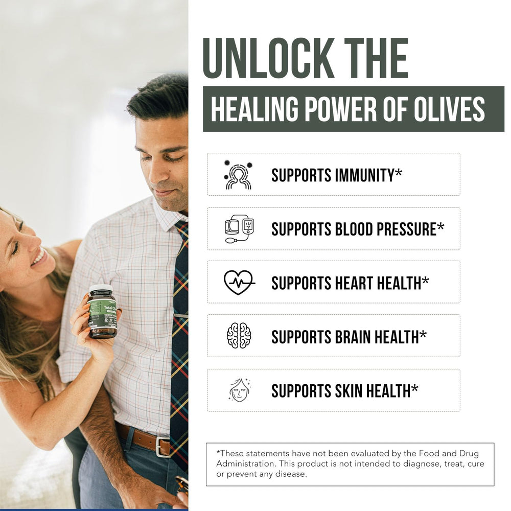 Total Olive capsules front view showing vegan, raw polyphenol-packed formula for convenient daily use