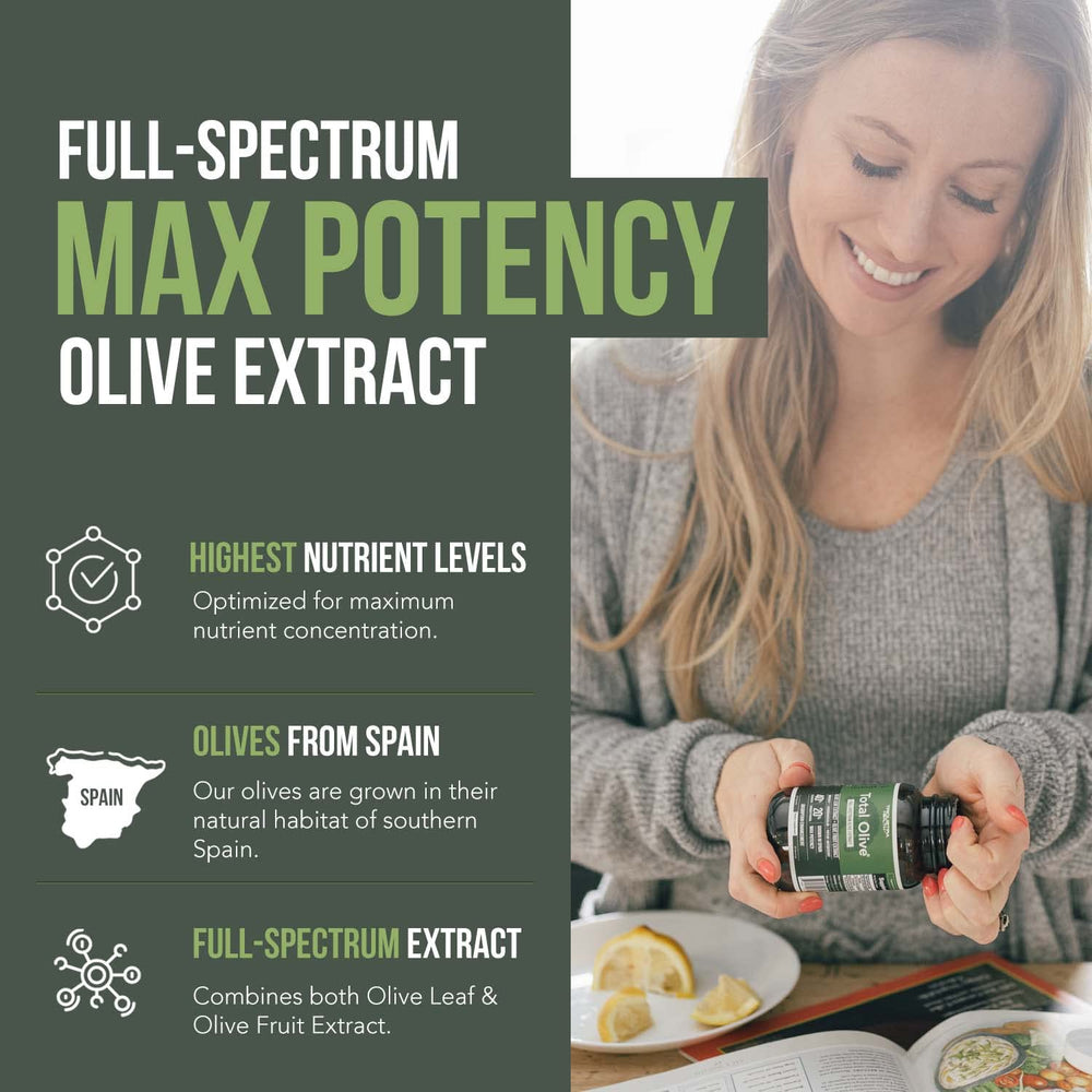 Triquetra Health Total Olive Olive Fruit Extract bottle emphasizing hydroxytyrosol-rich antioxidants