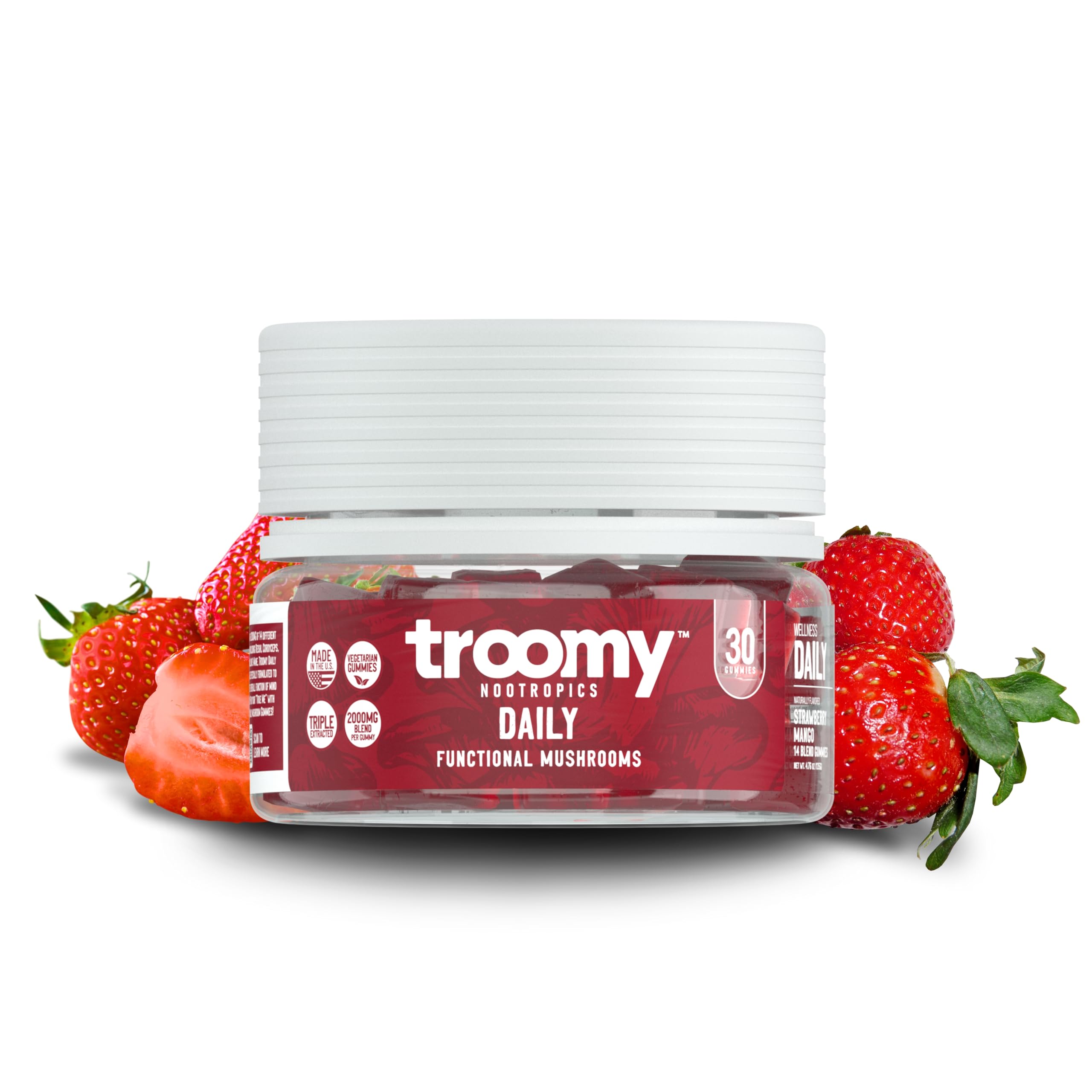 Troomy Daily mushroom gummies bottle offers a convenient daily wellness routine.