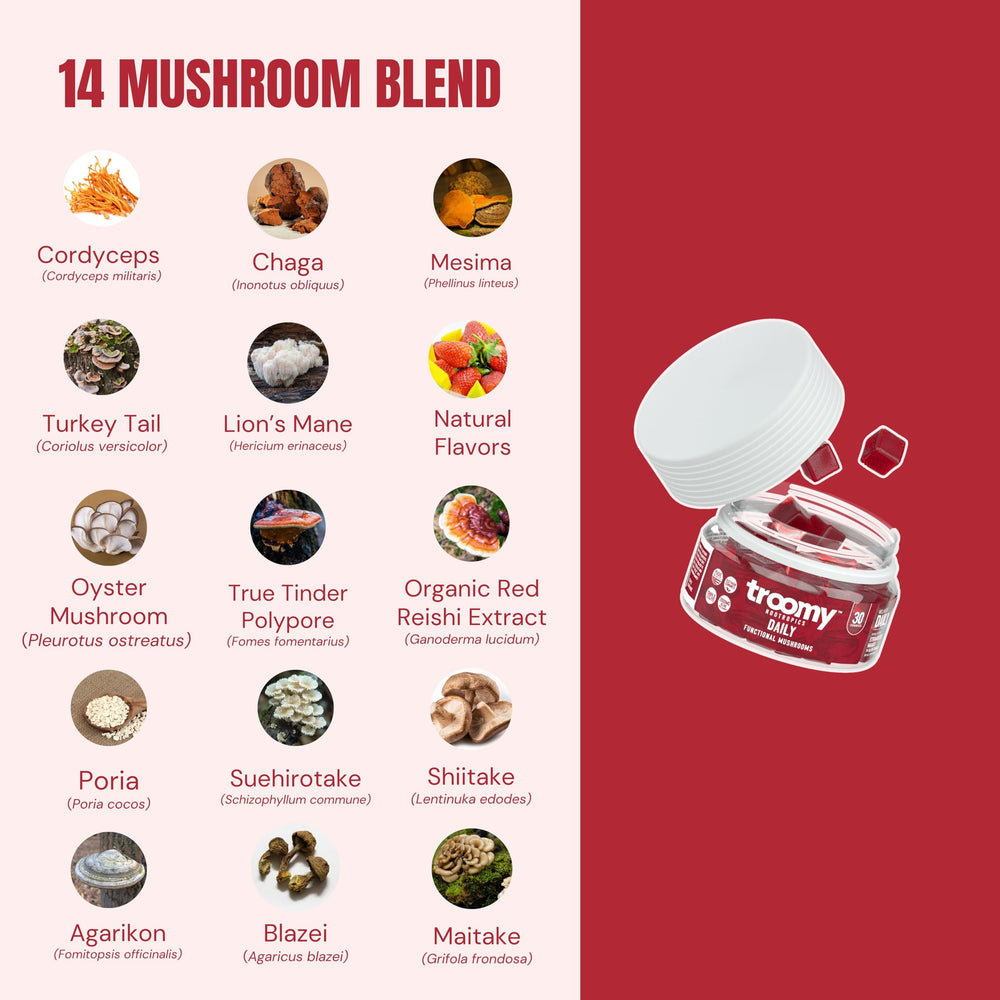 Close-up of the Troomy Daily label highlights the 14-mushroom blend.
