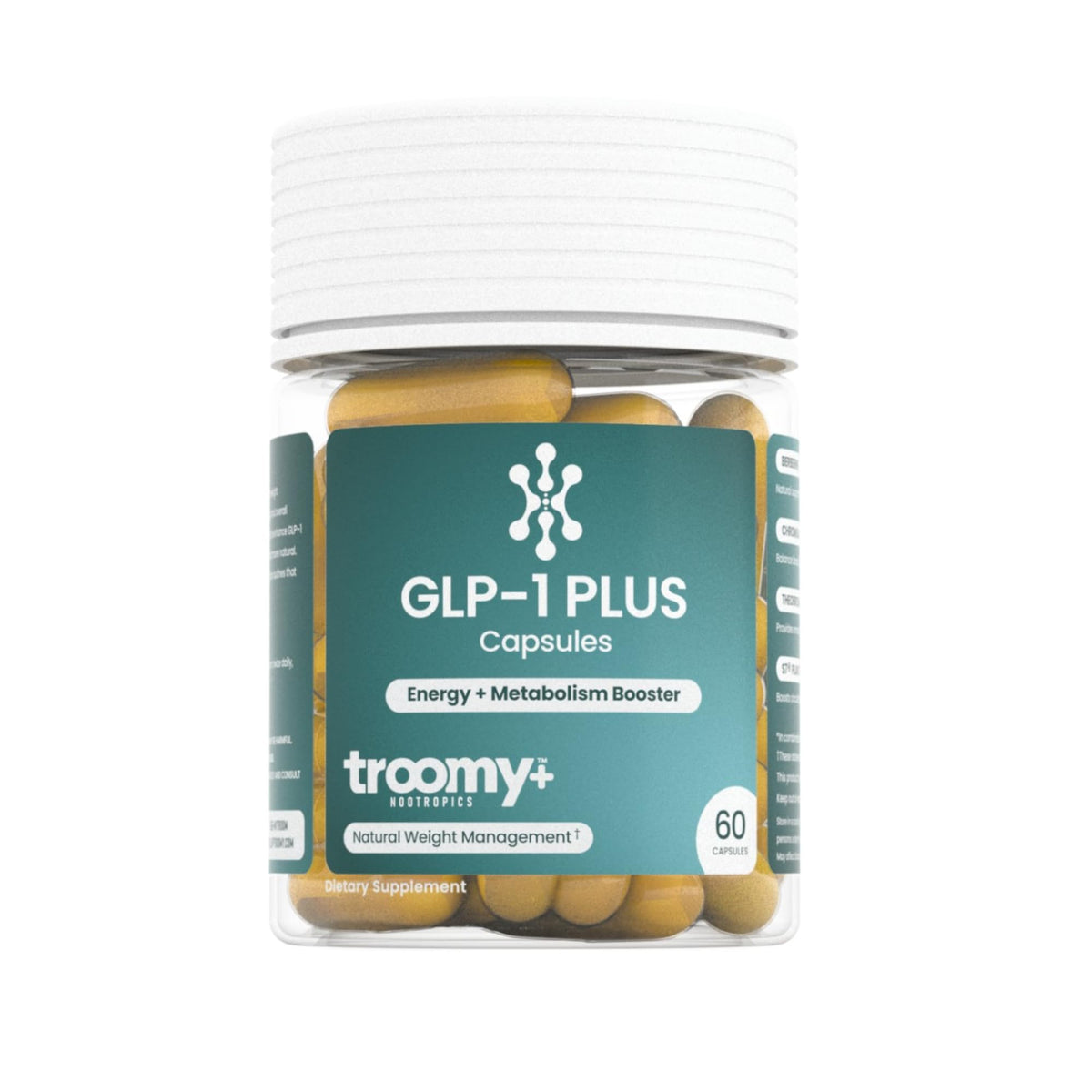 Troomy GLP-1 Plus bottle front showing plant-based capsules for daily wellness.
