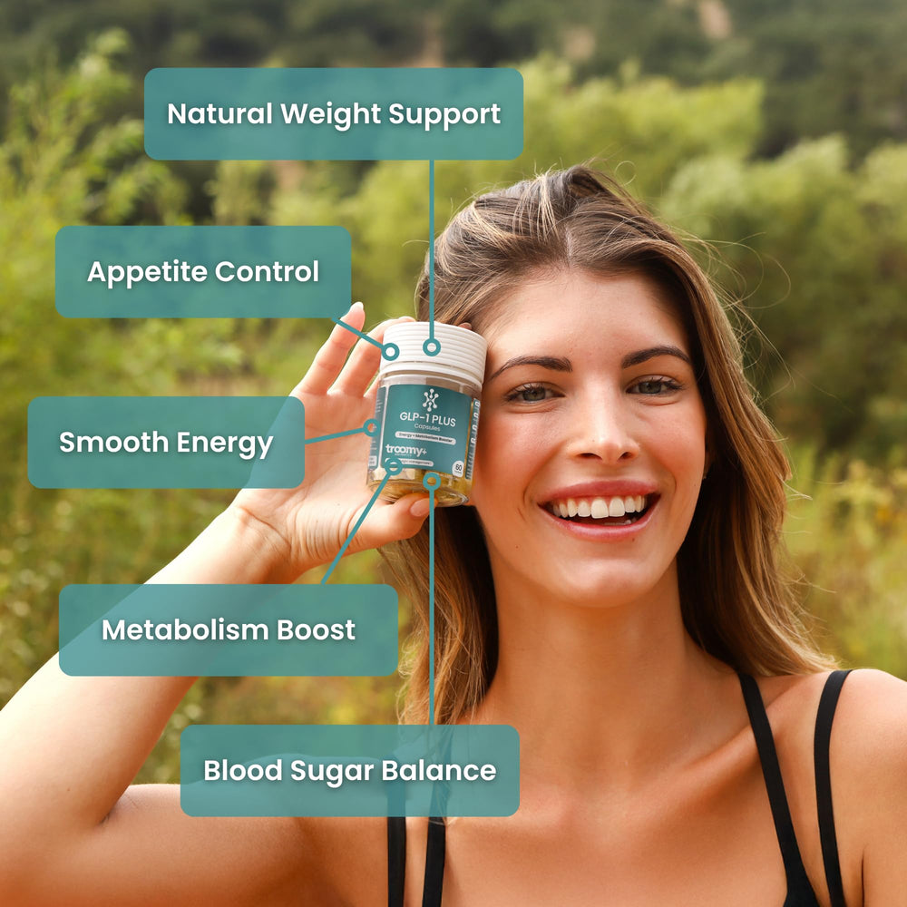 Troomy GLP-1 Plus capsules arranged for daily routine.