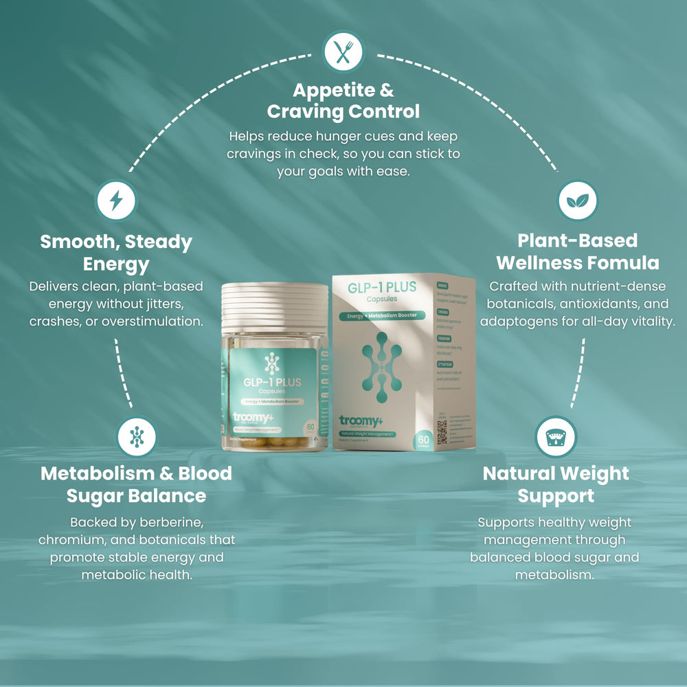 Troomy GLP-1 Plus serving suggestion with glass of water.