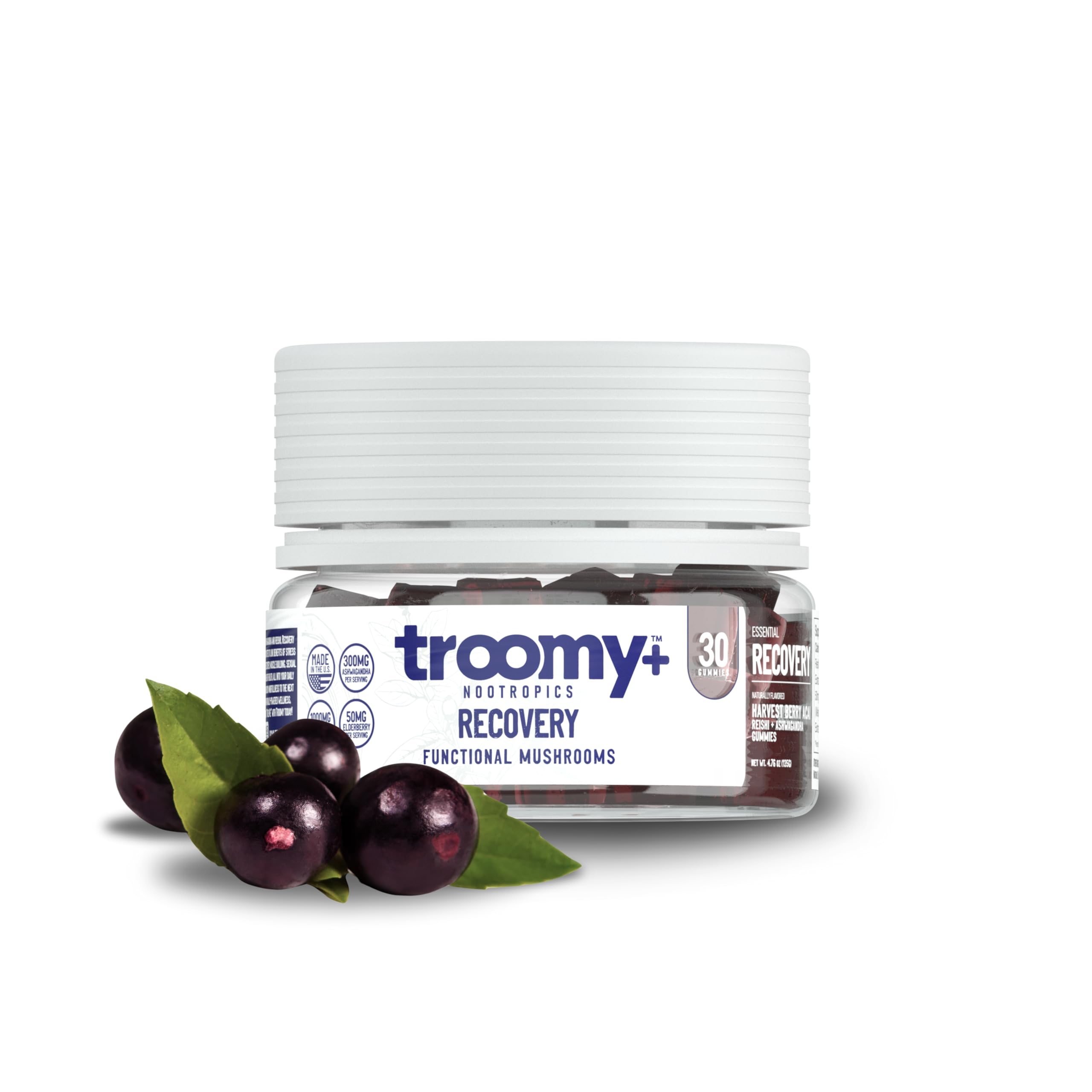 Troomy Recovery Gummies bottle front shows berry-acai flavor and vegan daily wellness benefits