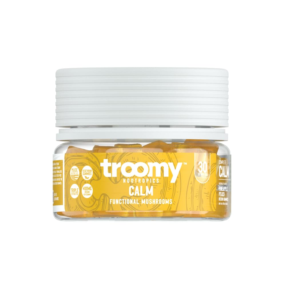 Troomy Reishi Calm Gummies bottle on desk highlighting gelatin-free design