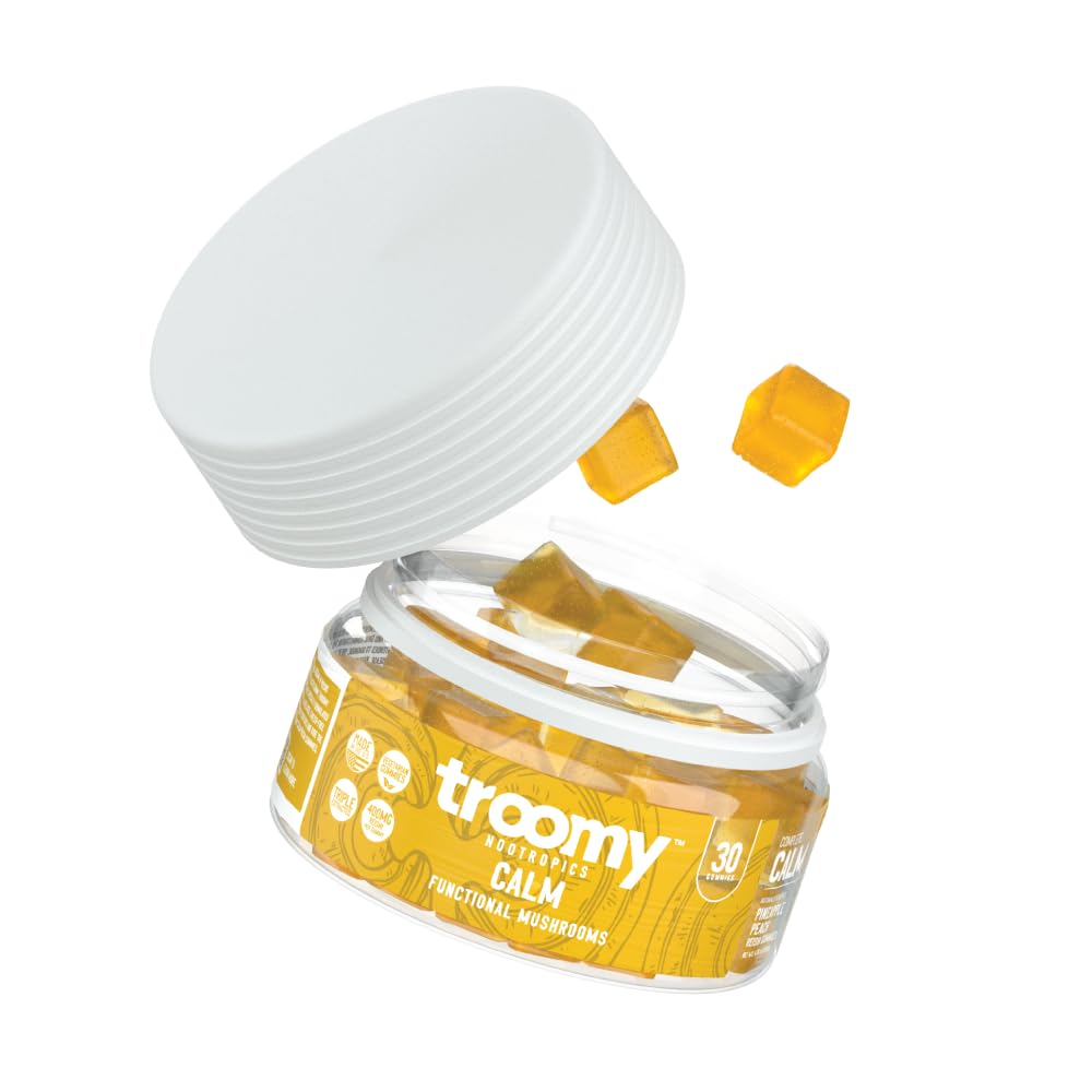 Close-up of Troomy Reishi Calm Gummies with pineapple-peach flavor