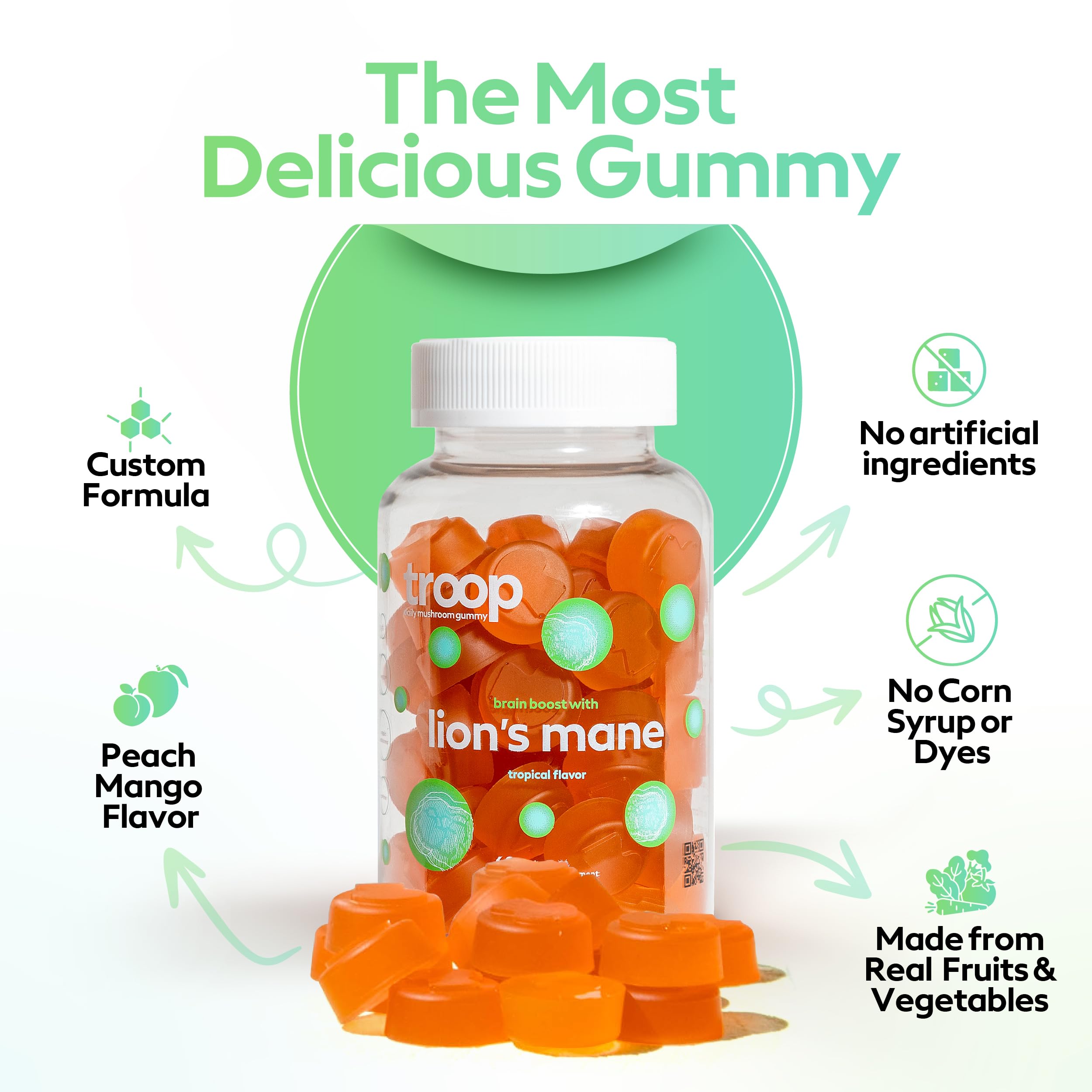 Troop Lion's Mane jar open showcasing easy-to-take, mood-friendly chewables.