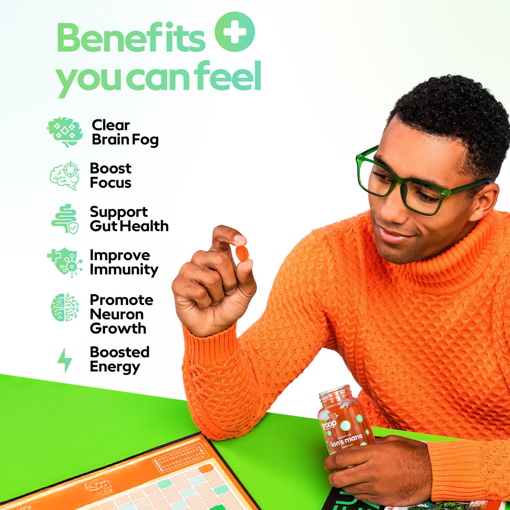 Troop Lion's Mane label closeup emphasizes triple-extracted mushroom potency.
