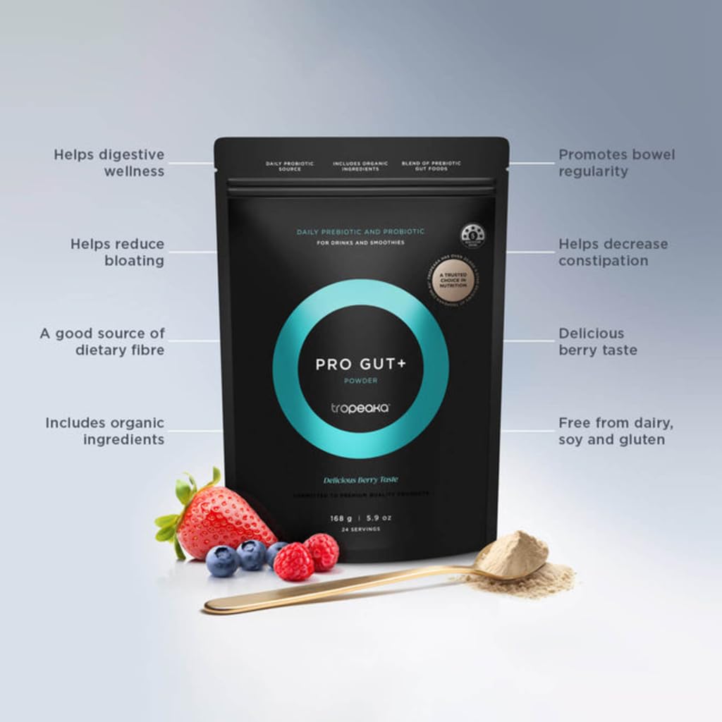 Tropeaka Pro Gut+ scoop dispensing probiotic and prebiotic blend for gut-friendly routines