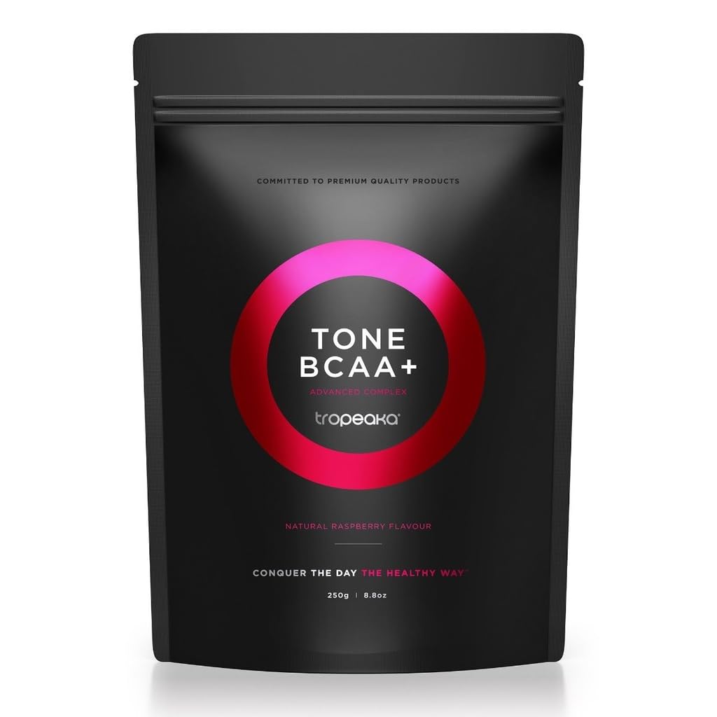 Tropeaka Tone BCAA+ bottle with raspberry flavor supports lean muscle and recovery