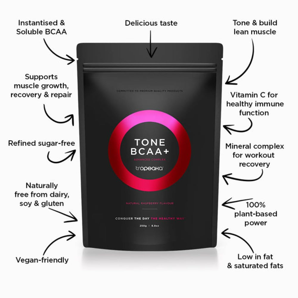 Tropeaka Tone BCAA+ label highlights clean, vegan ingredients for workouts