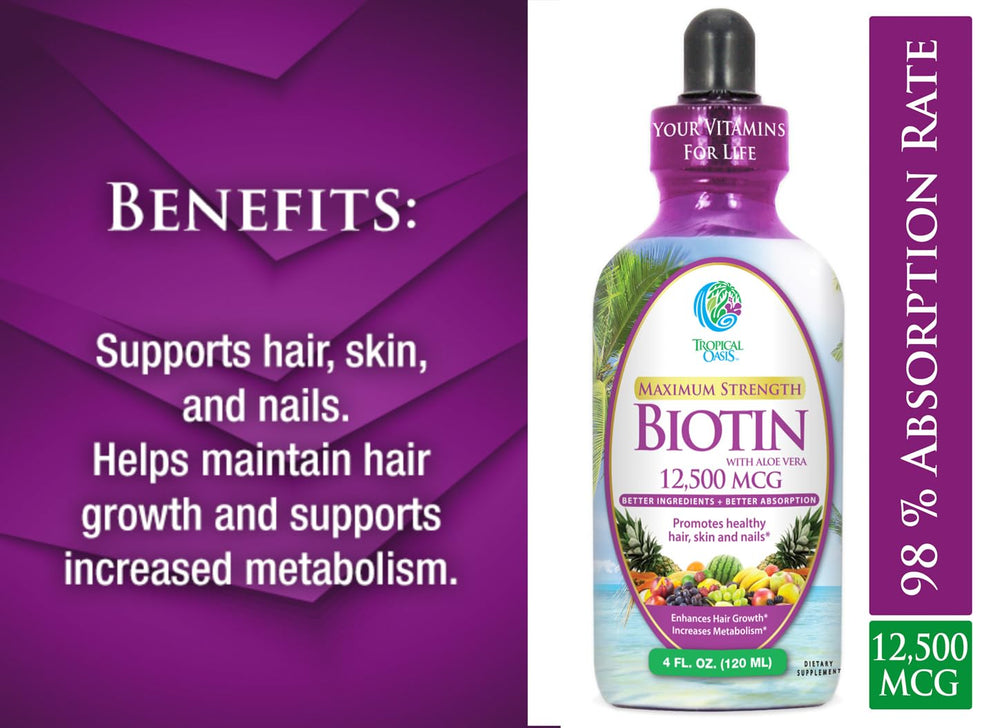 Tropical Oasis Biotin Drops close-up highlights liquid form ready for use.