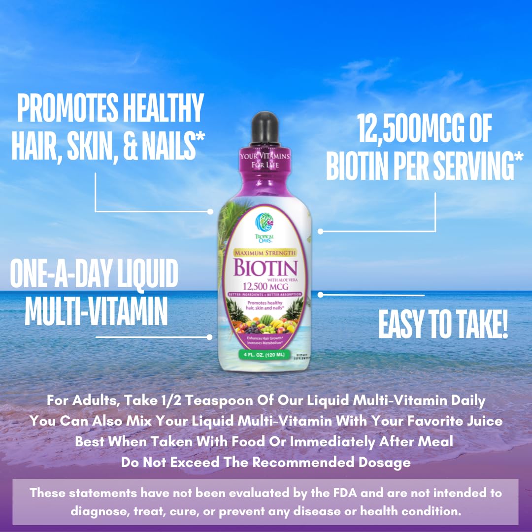 Tropical Oasis Biotin Drops label detail confirms vegan, non-GMO, gluten-free ingredients.
