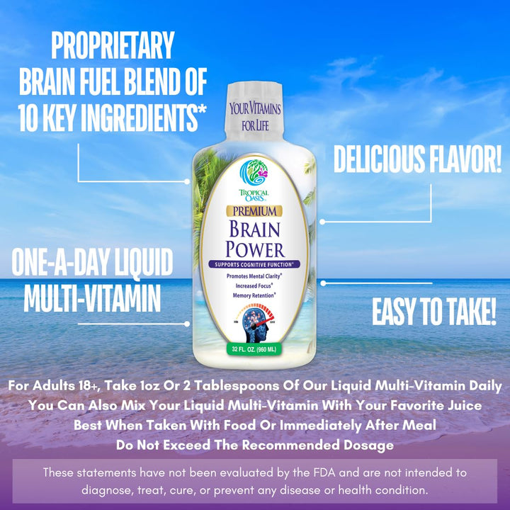 Tropical Oasis Brain Power bottle side view in a retail setting