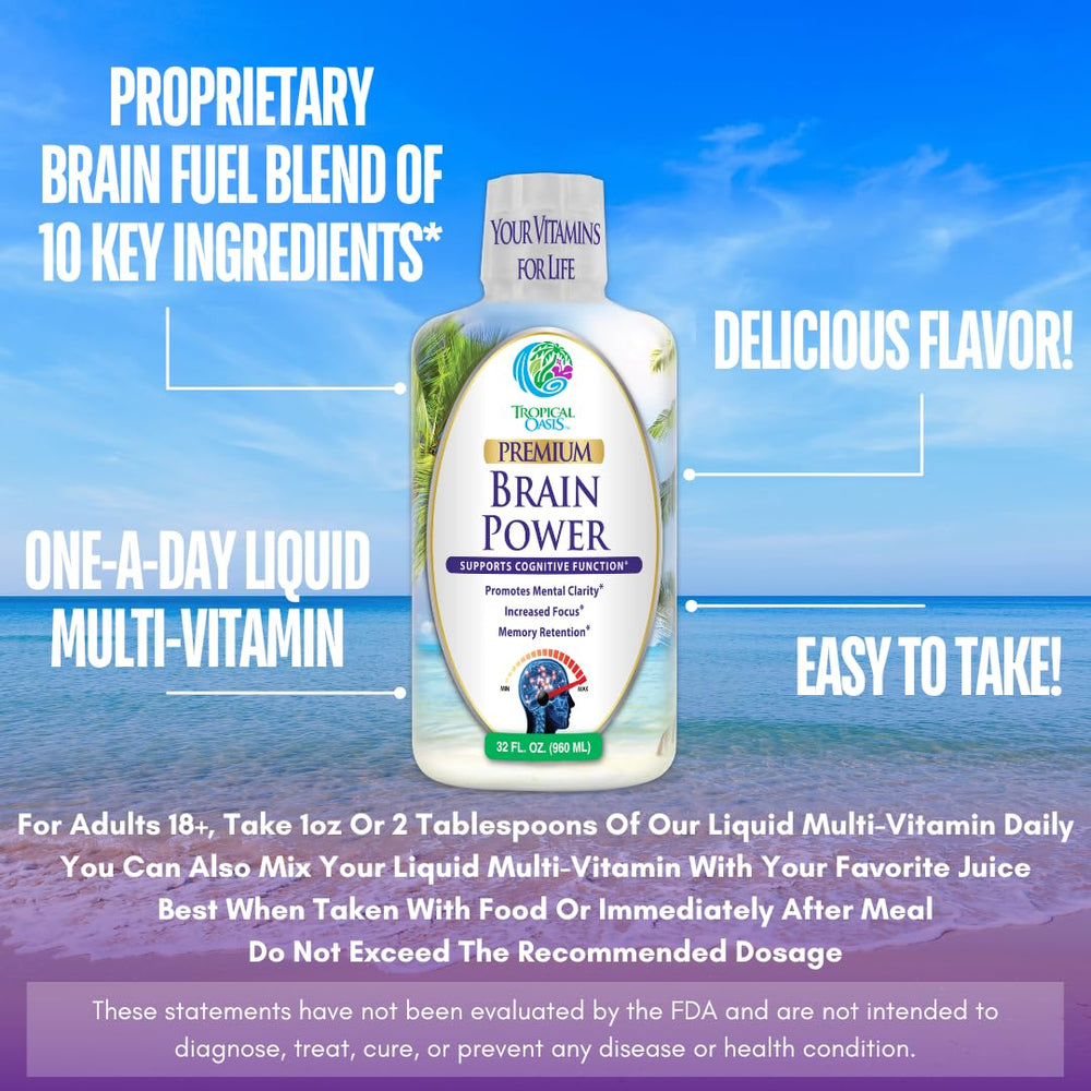 Tropical Oasis Brain Power bottle side view in a retail setting
