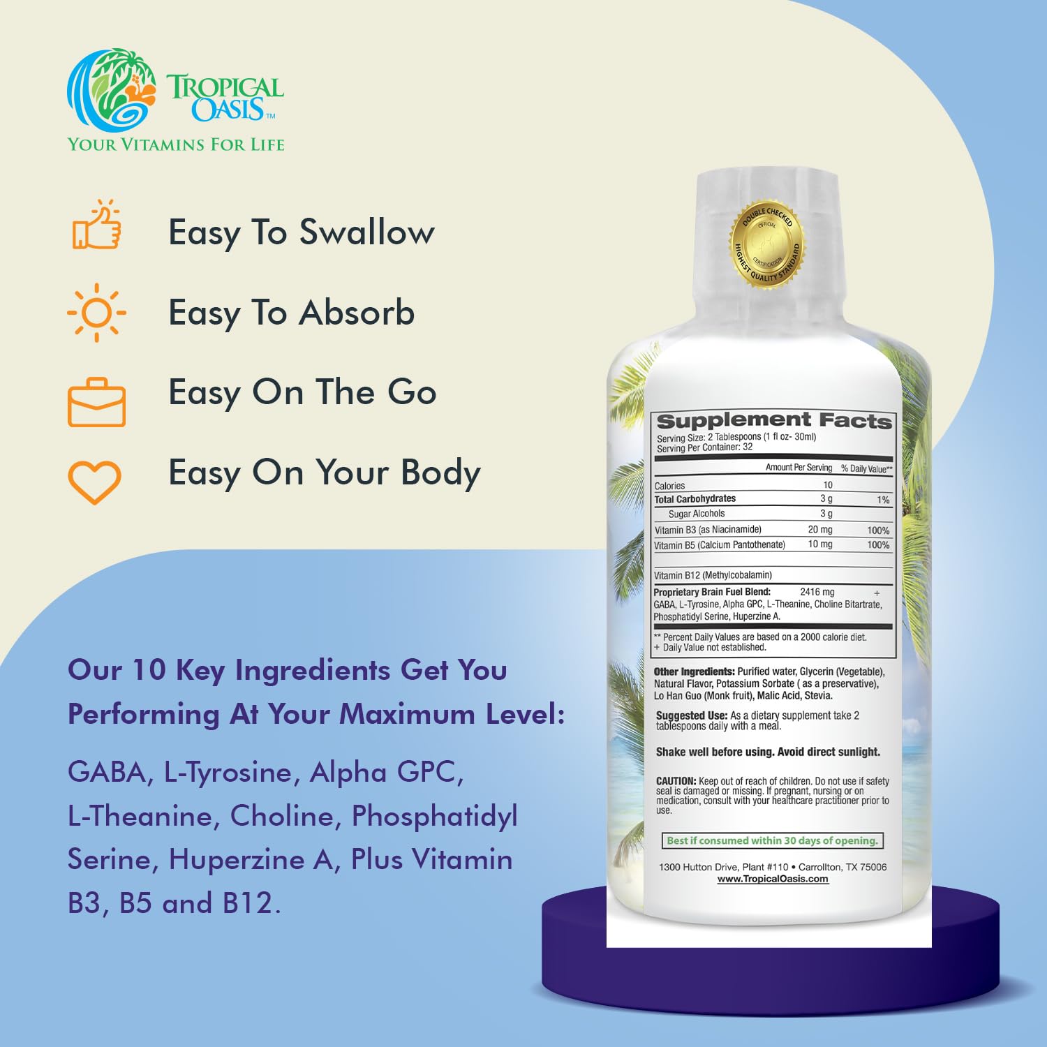 Tropical Oasis Brain Power ingredients close-up featuring key components