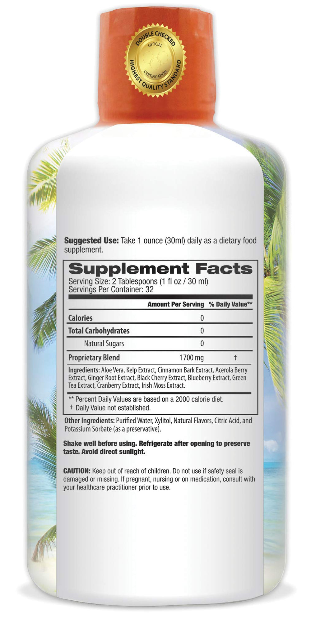 Closeup of Tropical Oasis Cinnabalance bottle with herbal blend and antioxidants.