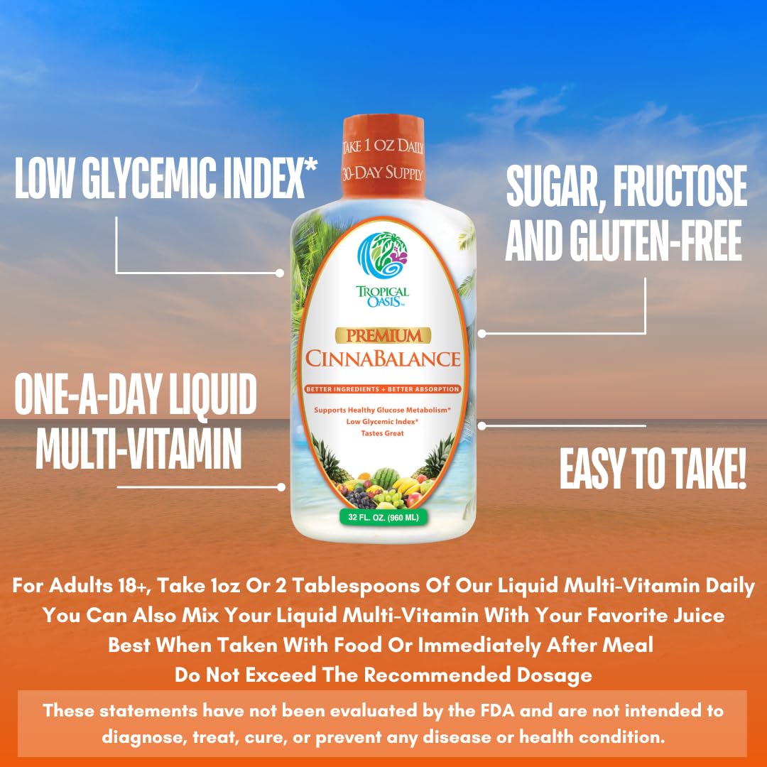 Tropical Oasis Cinnabalance label on bottle emphasizes 32 oz and 32 servings.
