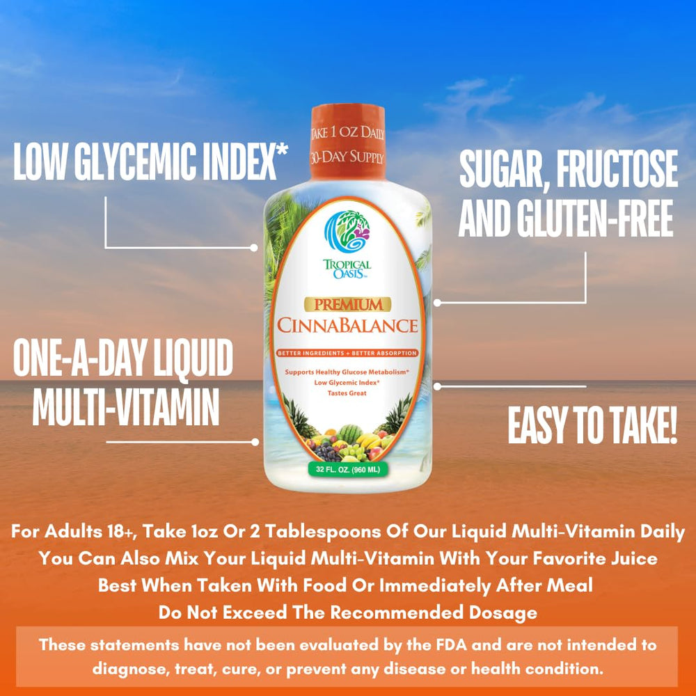 Tropical Oasis Cinnabalance label on bottle emphasizes 32 oz and 32 servings.