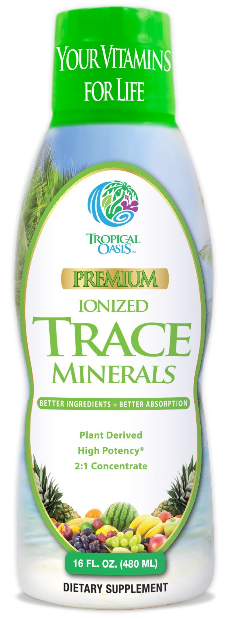 Tropical Oasis ionized minerals liquid bottle pour shows smooth absorption.