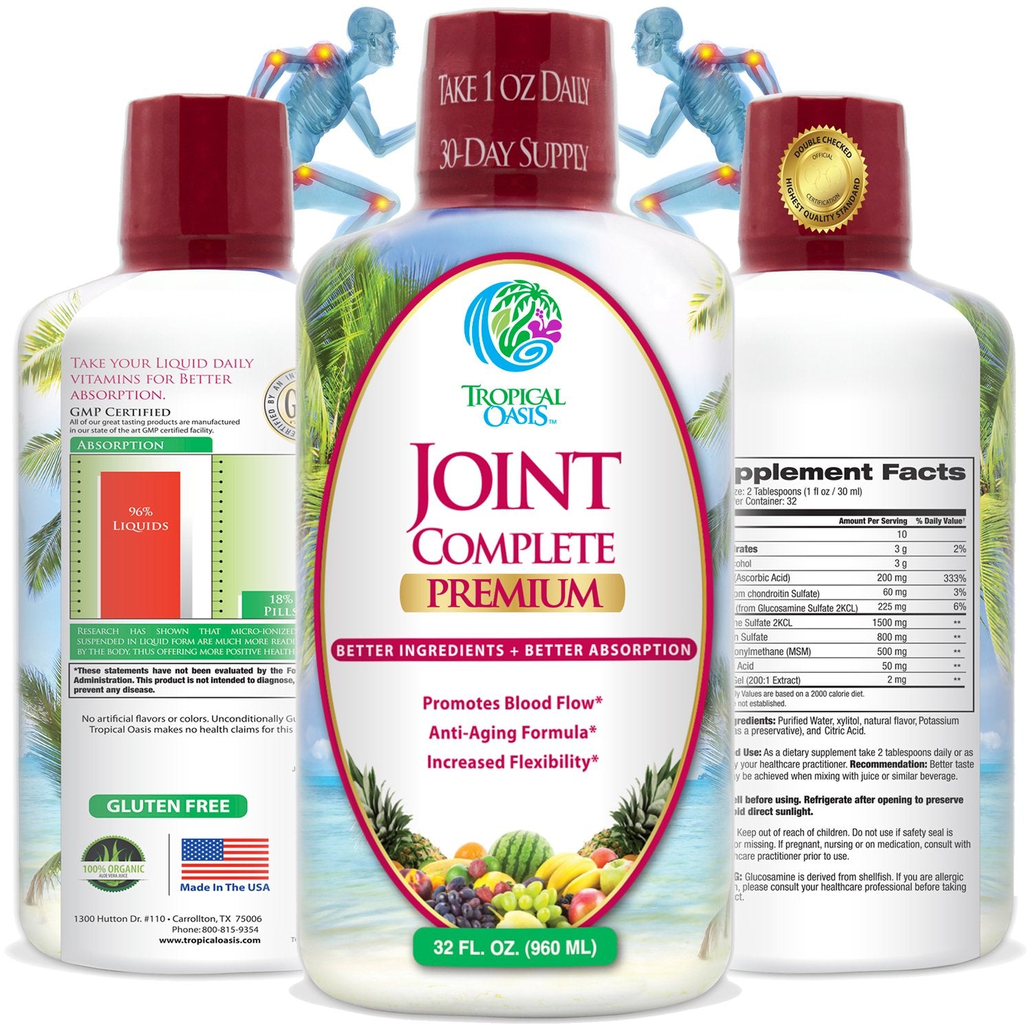 Tropical Oasis Joint Complete bottle pouring to show liquid format and easy dosing