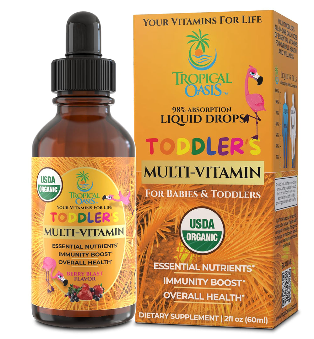 Tropical Oasis kids liquid multivitamin bottle with berry flavor supports daily toddler nutrition.