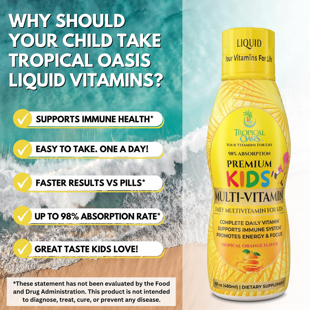 Tropical Oasis ingredient panel highlights vitamins for growth and wellness.