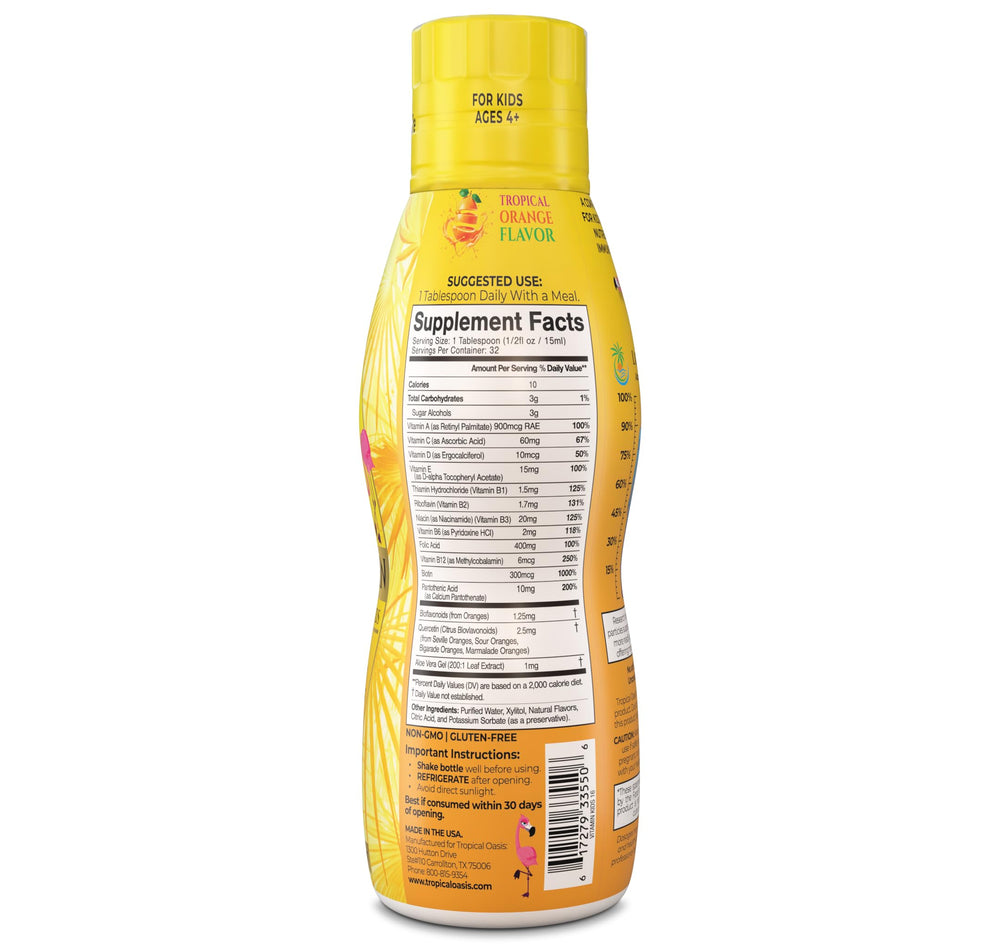 Tropical Oasis pour shot demonstrates easy daily dose for children.