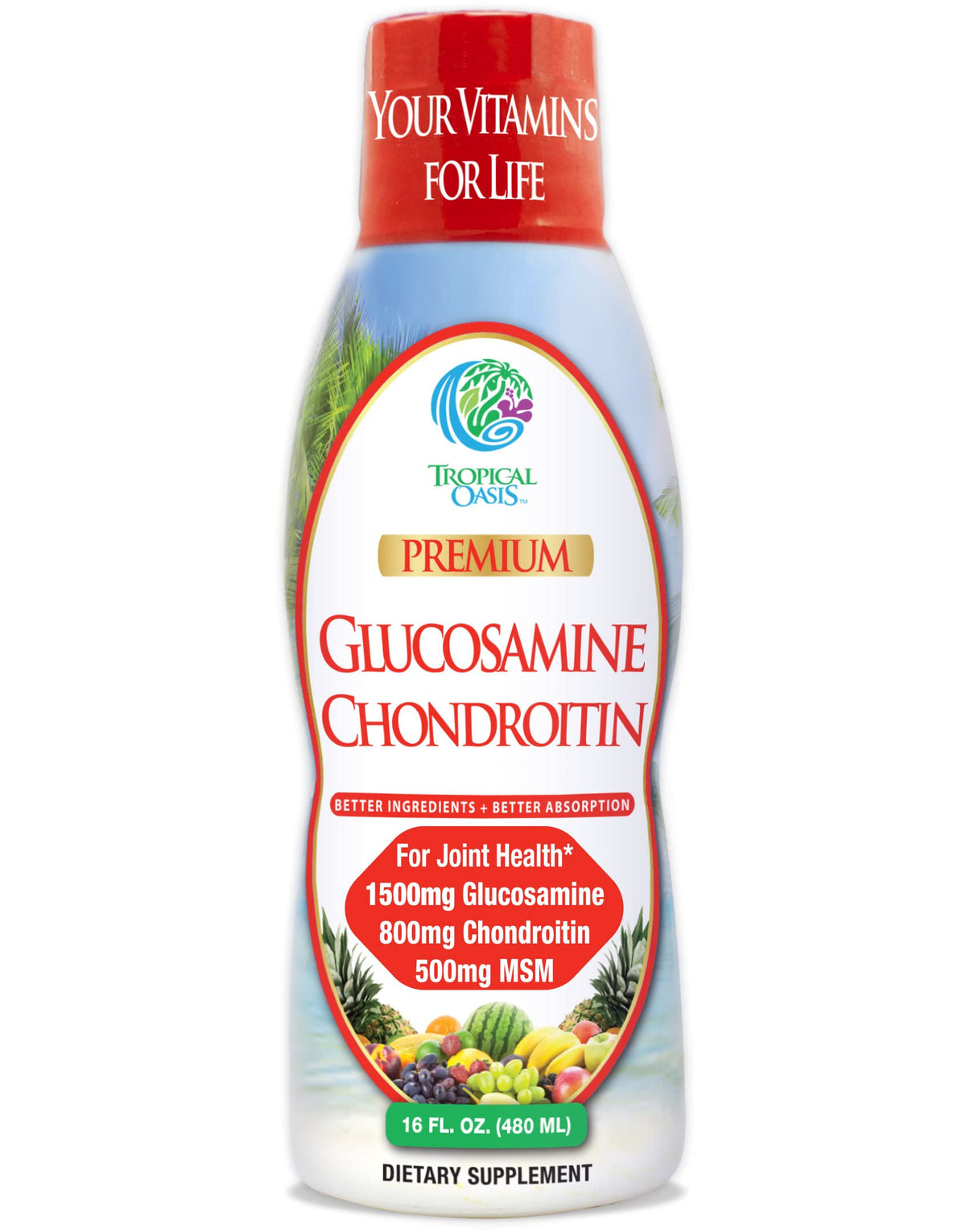 Tropical Oasis liquid glucosamine bottle front for smoother joints and daily comfort.
