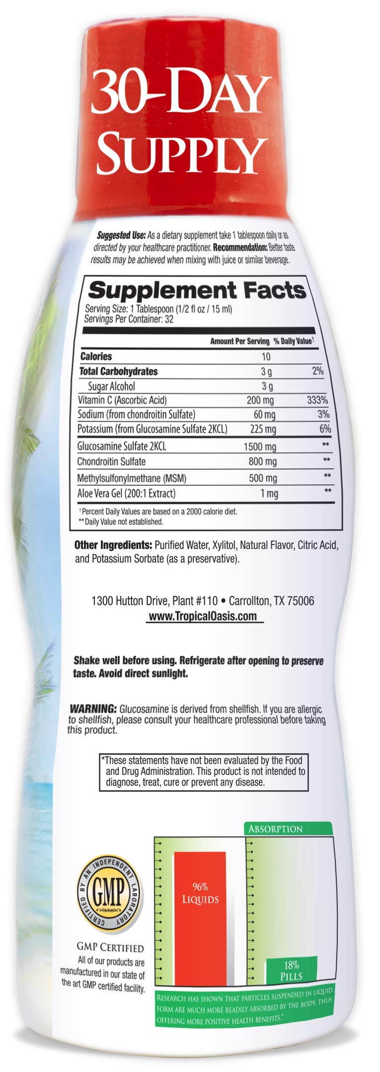 Tropical Oasis liquid glucosamine chondroitin label closeup highlights 1500mg glucosamine.