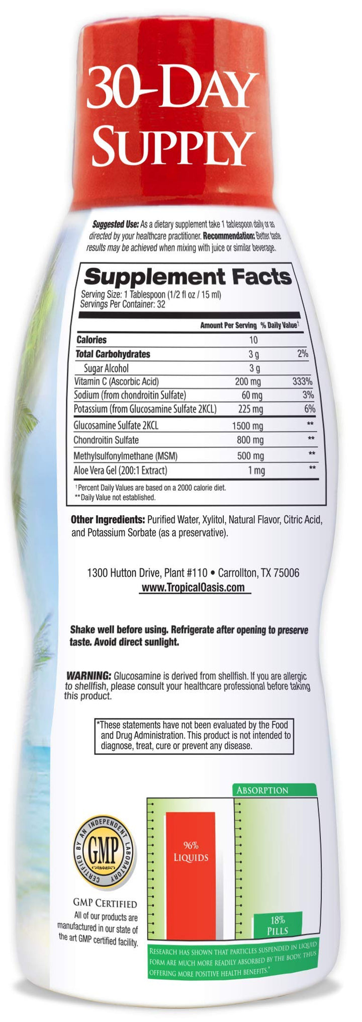 Tropical Oasis liquid glucosamine chondroitin label closeup highlights 1500mg glucosamine.