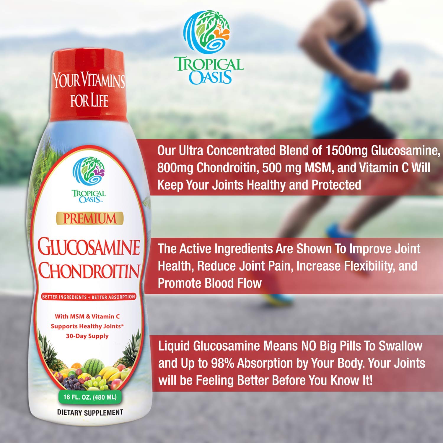 Tropical Oasis liquid joint support pour demonstrates easy dosing for daily use.