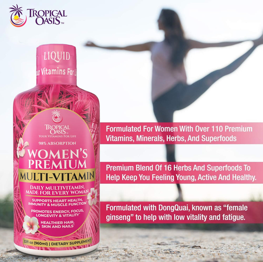 Tropical Oasis Liquid Multivitamin label close-up highlighting ingredients.