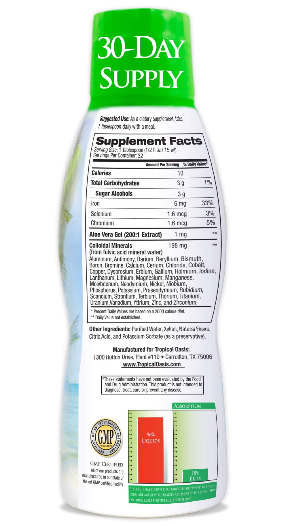 Tropical Oasis plant-based minerals liquid in glass for easy daily hydration.